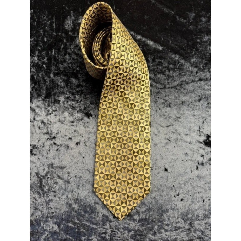 Di Moggio Men's 100% Silk Tie Gold Black Geometric Handmade Korea 3.5"